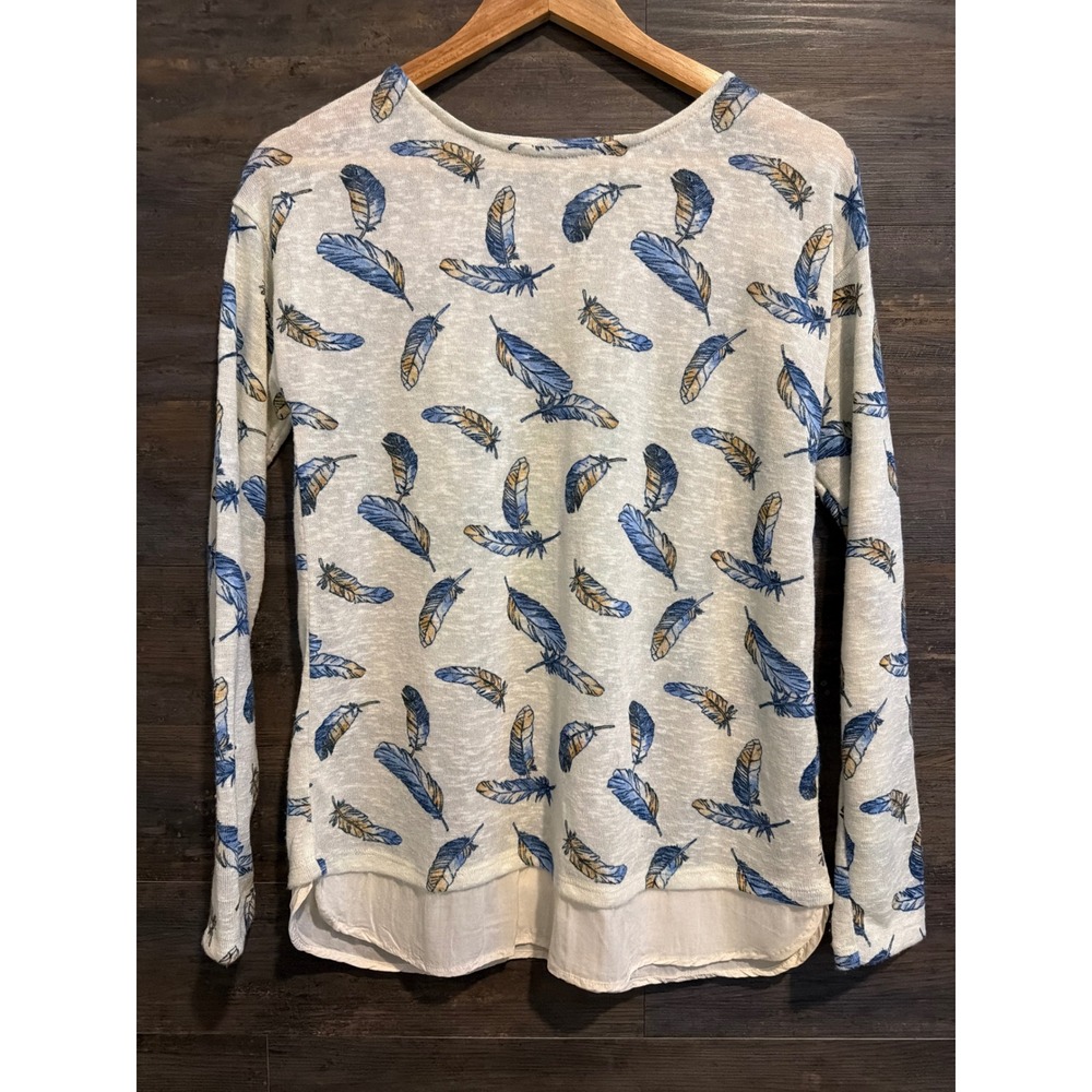 Springfield Women Blue Feather Print Layered Hem Long Sleeve Top Size M